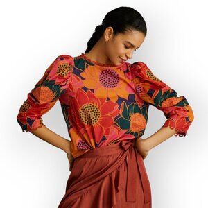Anthropologie FARM Rio Floral Puff Sleeve Cotton Blouse XXS Petite Boho Top